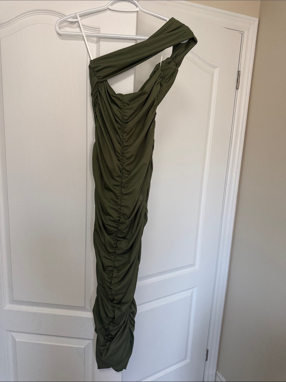 Olive Green One-Shoulder Ruched Maxi Dress